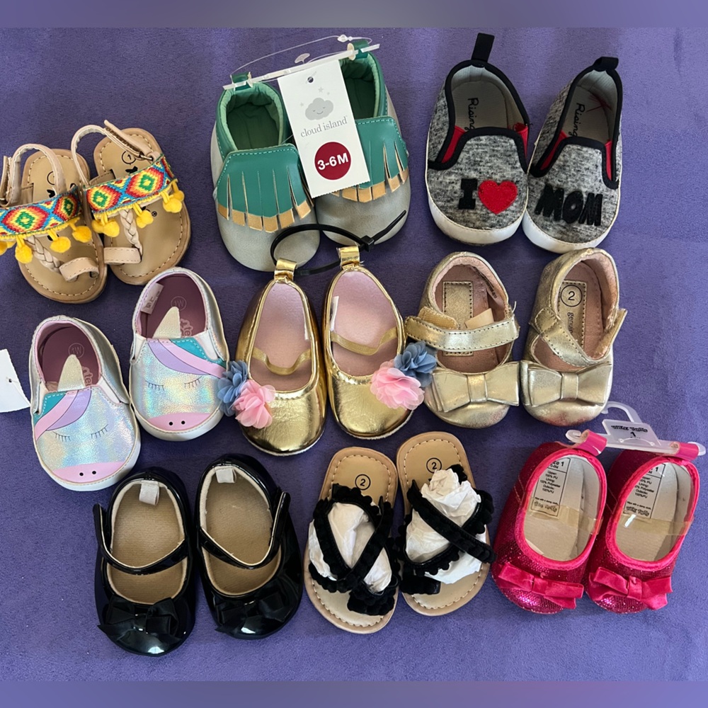 9 pairs -NEW BABY GIRL SHOES (size 1,2) spring styles